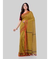 DESH BIDESH Women`s Traditional Bengali Tant Handloom Cotton Saree Royel Loveria Design With Blouse Piece (Olive)